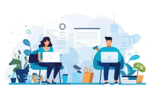an animated image of a man and a woman siting on a chair and writing content in their laptops
